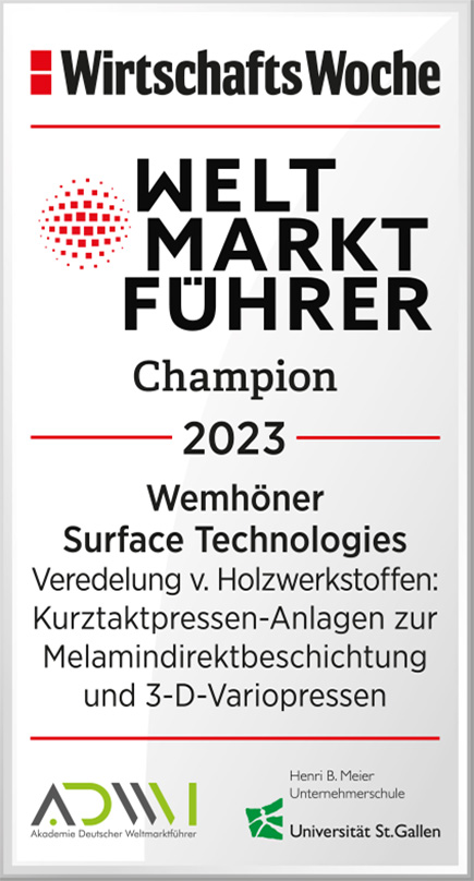 Weltmarkt Führer Champion 2023 Wemhöner Surface Technologies